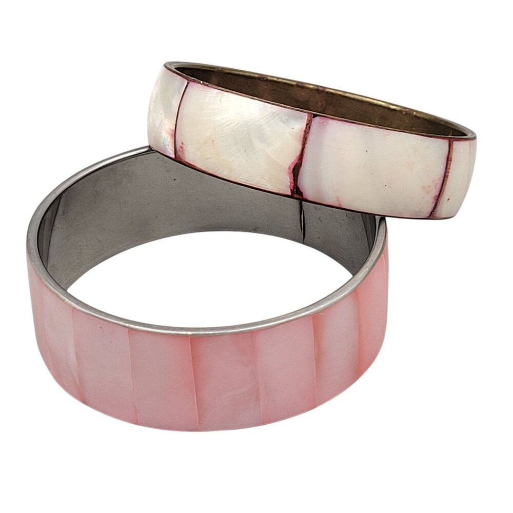 Pink White Mother of Pearl MOP Bangle Bracelets Set of 2 Vintage